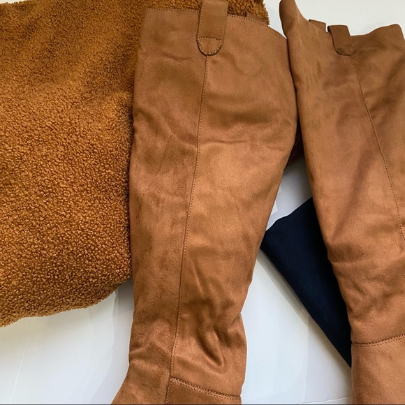 Soda Ulrica Faux Suede knee high boots pointed toe with wood stacked heel - Picture 3 of 6